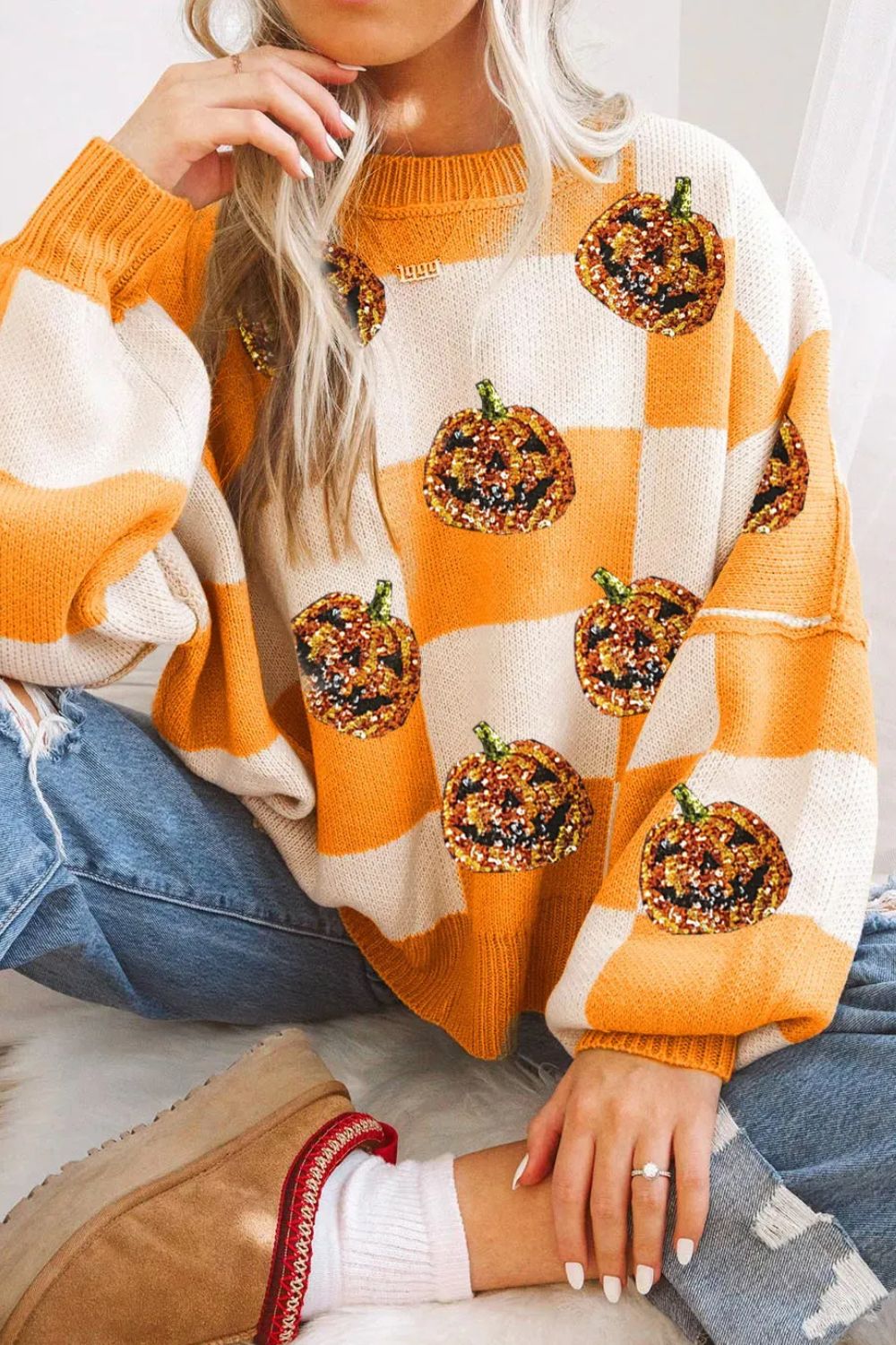 Pumpkin Checkered Round Neck Long Sleeve Sweater-Angel Casuals