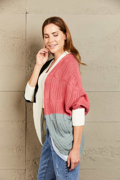 Woven Right Color Block Cable-Knit Batwing Sleeve Cardigan-Angel Casuals