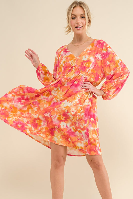 And The Why Full Size Printed Tie Back Long Sleeve Dress-Angel Casuals