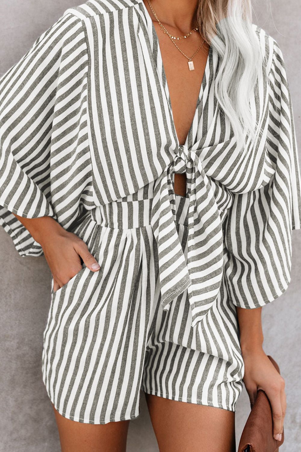 Bow Striped Kimono Sleeve Romper-Angel Casuals
