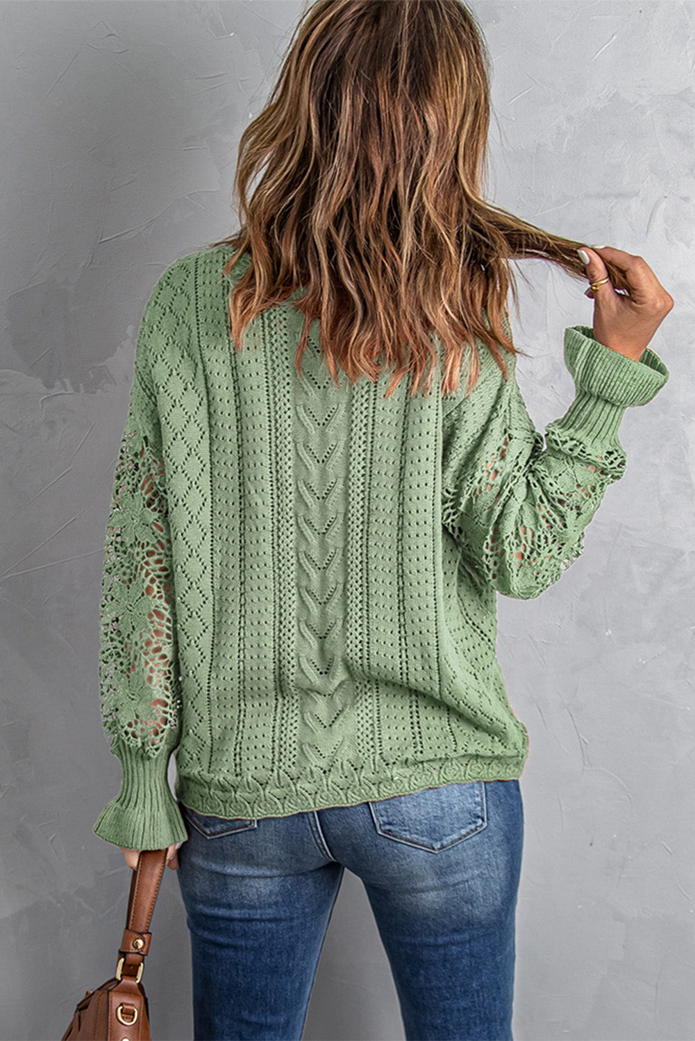 Openwork Lantern Sleeve Dropped Shoulder Sweater-Angel Casuals