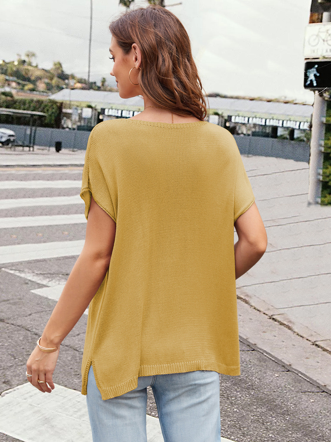 Notched Short Sleeve Knit Top-Angel Casuals