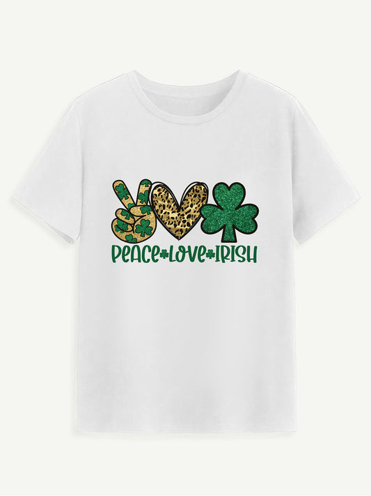 PEACE LOVE IRISH Round Neck Short Sleeve T-Shirt-Angel Casuals