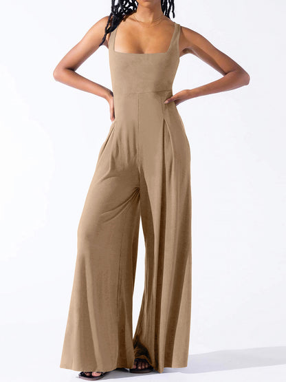 Square Neck Wide Strap Jumpsuit-Angel Casuals