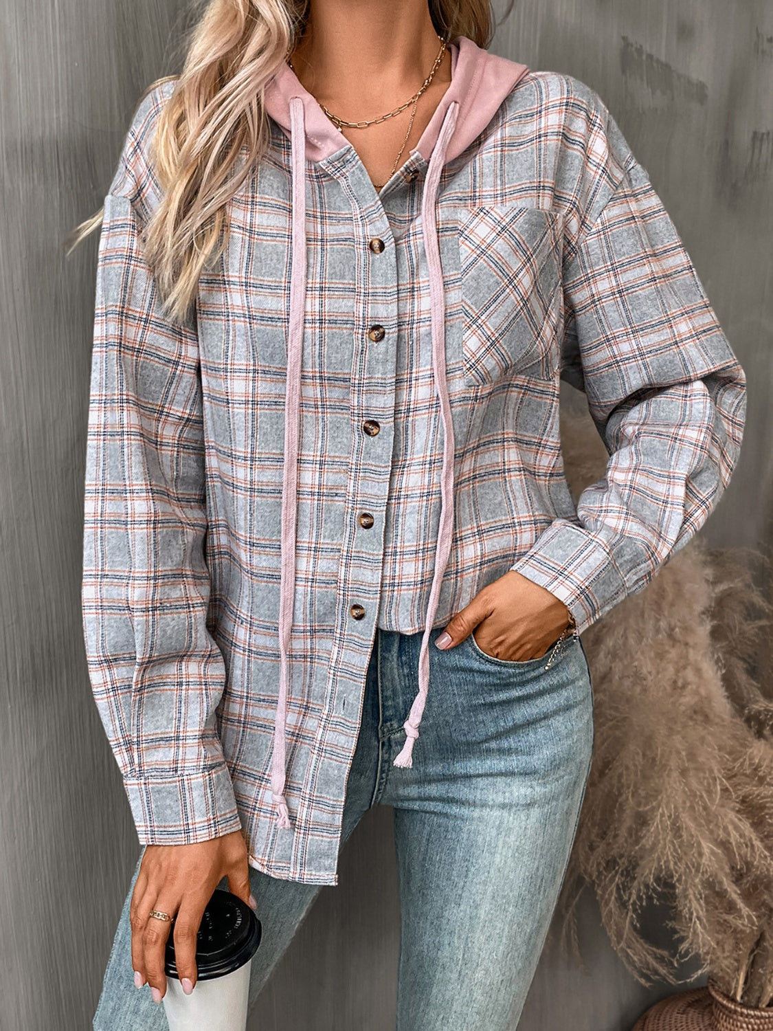 Plaid Long Sleeve Hooded Jacket-Angel Casuals