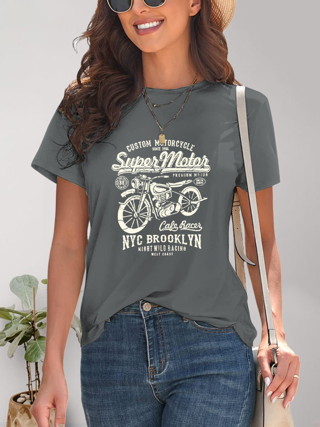 Motorcycle Graphic Round Neck T-Shirt-Angel Casuals