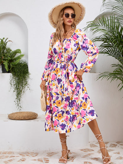 Printed Long Sleeve Midi Dress-Angel Casuals