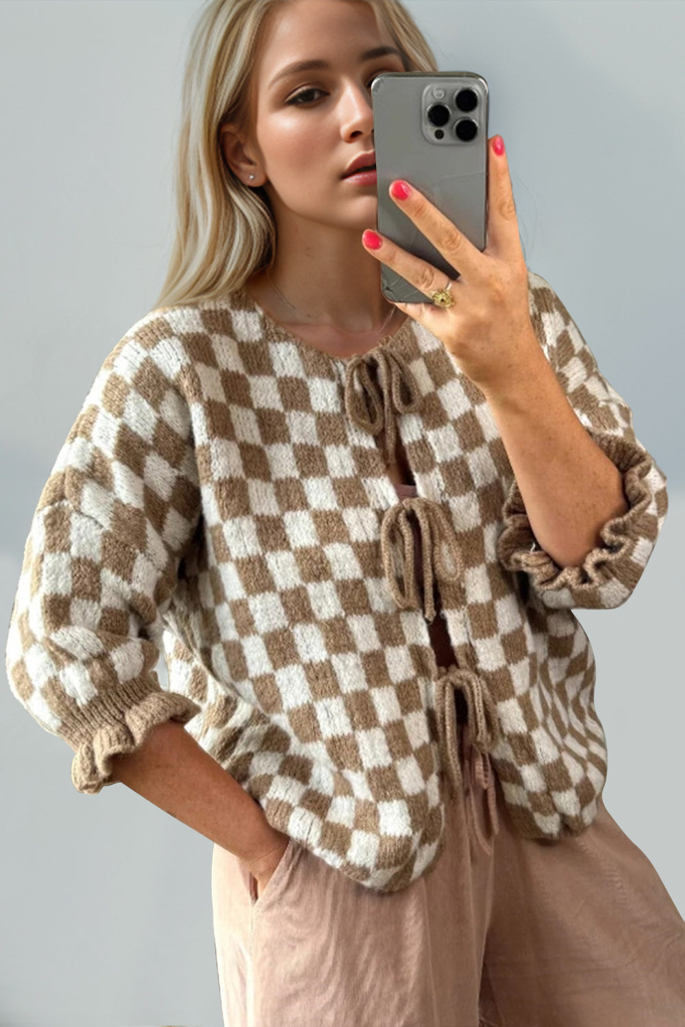 Double Take Tied Checkered Dropped Shoulder Flounce Sleeve Cardigan-Angel Casuals