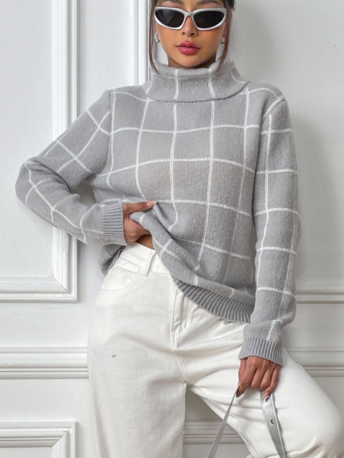 Plaid Turtleneck Long Sleeve Sweater-Angel Casuals