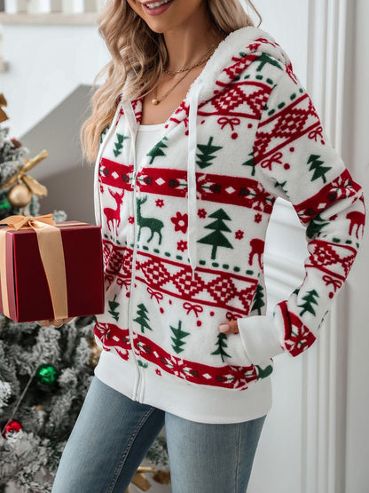 Drawstring Christmas Element Zip Up Hooded Jacket-Angel Casuals