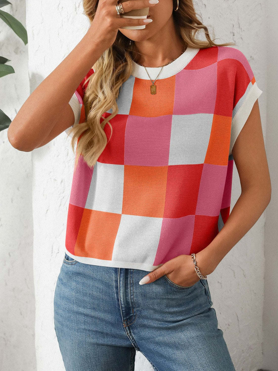 Mandy Checkered Round Neck Cap Sleeve Knit Top-Angel Casuals