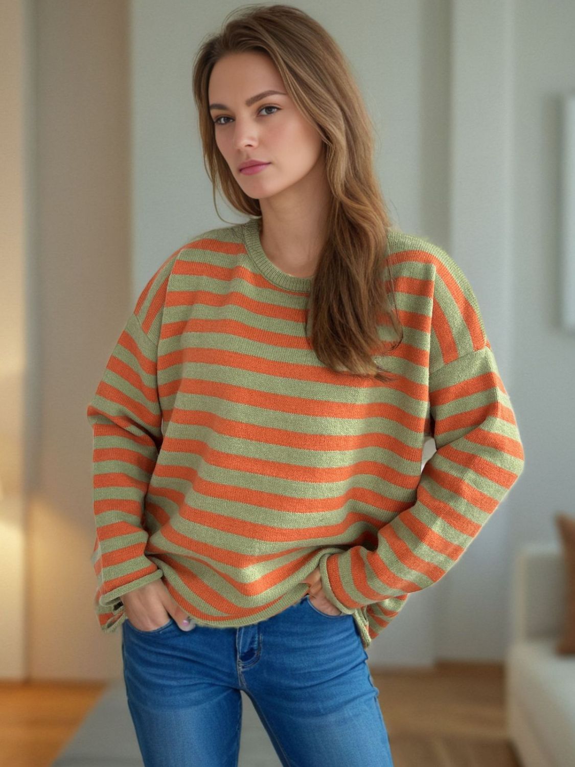 Distressed Striped Round Neck Long Sleeve Sweater-Angel Casuals