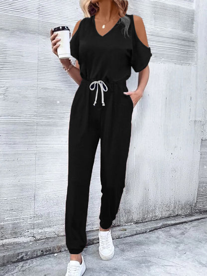 V-Neck Cold-Shoulder Jumpsuit with Pockets-Angel Casuals