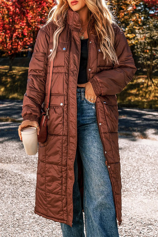 Pocketed Bubble Texture Long Sleeve Longline Winter Coat-Angel Casuals