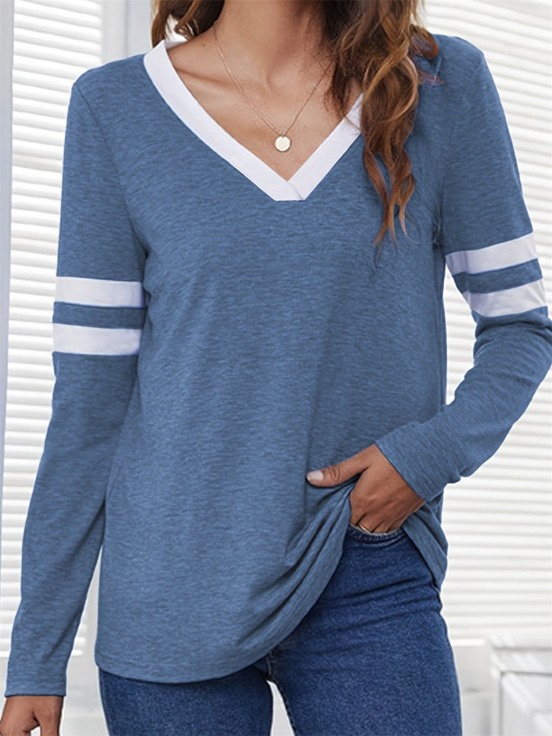 Heathered V-Neck Long Sleeve T-Shirt-Angel Casuals