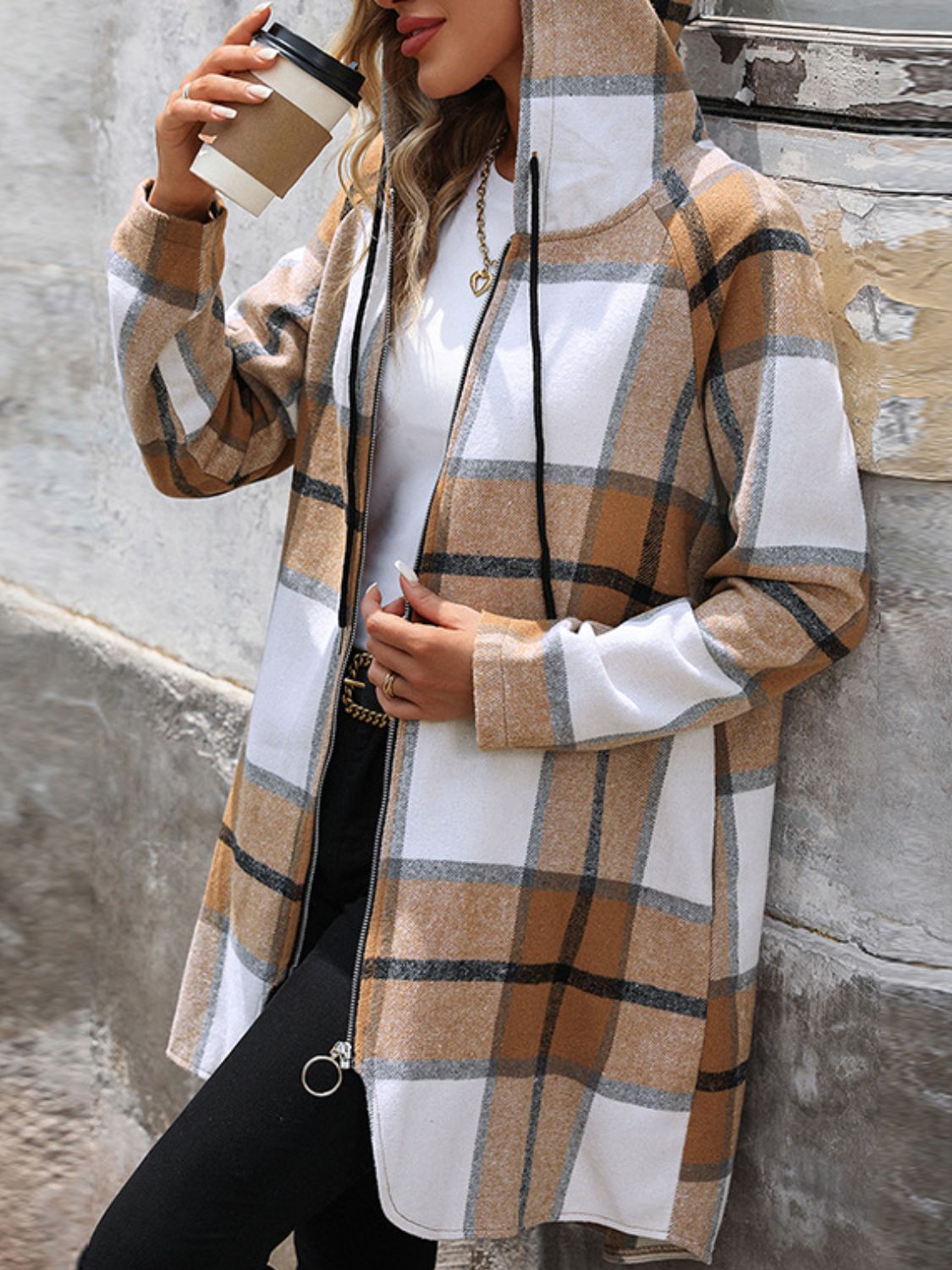 Drawstring Plaid Zip Up Long Sleeve Hooded Outerwear-Angel Casuals