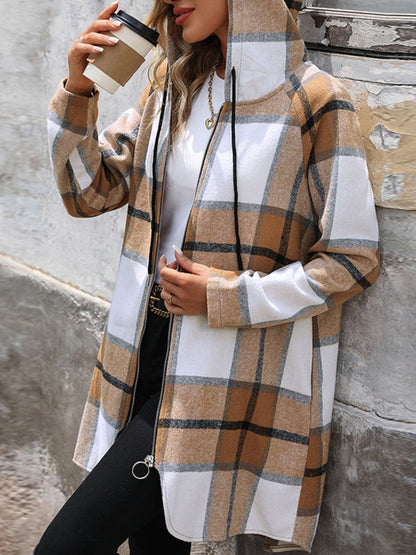 Drawstring Plaid Zip Up Long Sleeve Hooded Outerwear-Angel Casuals