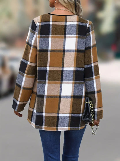 Plaid Open Front Long Sleeve Jacket-Angel Casuals