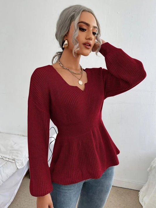 Notched Dropped Shoulder Knit Top-Angel Casuals