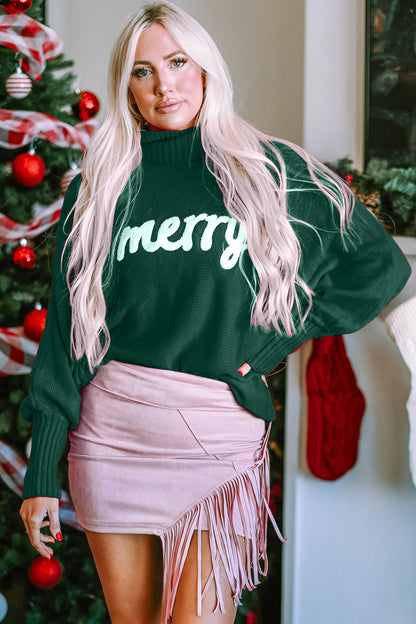 Double Take Full Size Merry Christmas Turtleneck Long Sleeve Sweater-Angel Casuals