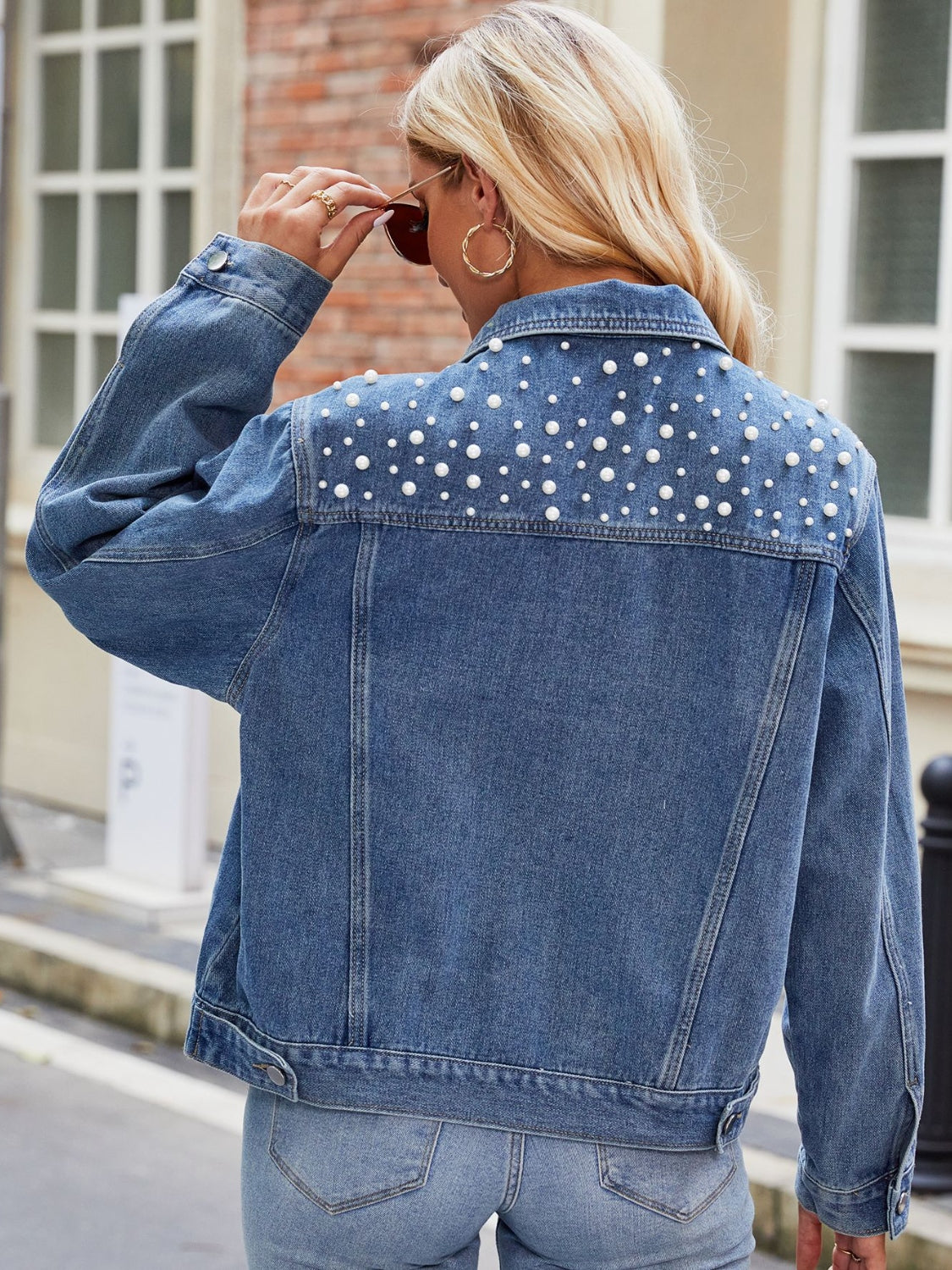 Pearl Detail Collared Neck Long Sleeve Denim Jacket-Angel Casuals