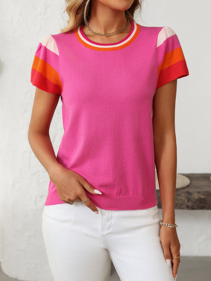 Mandy Contrast Round Neck Short Sleeve Knit Top-Angel Casuals