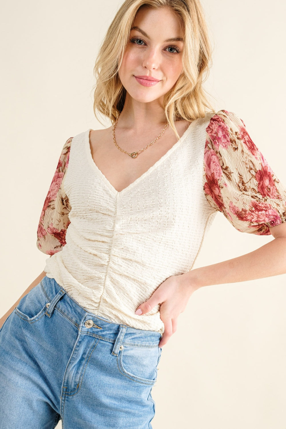 And The Why Full Size Floral Print Textured Sleeve Knit Top-Angel Casuals
