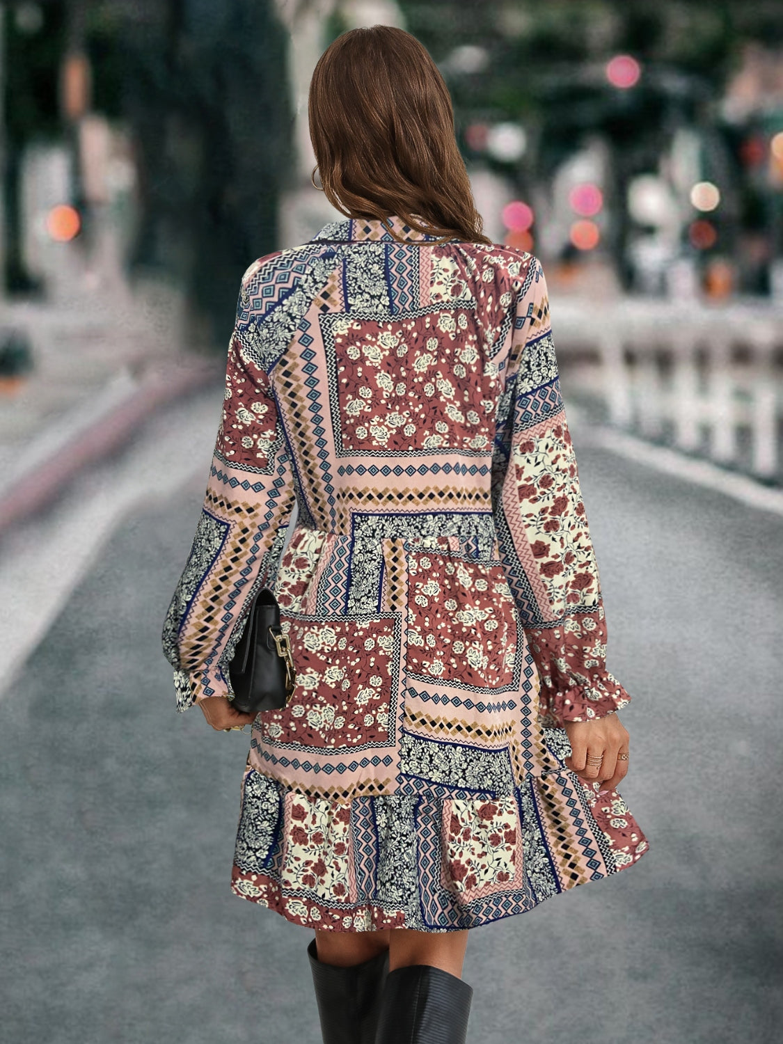 Printed Tie Front Flounce Sleeve Dress-Angel Casuals