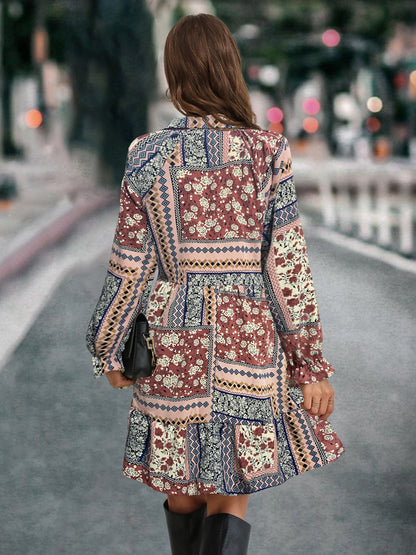 Printed Tie Front Flounce Sleeve Dress-Angel Casuals
