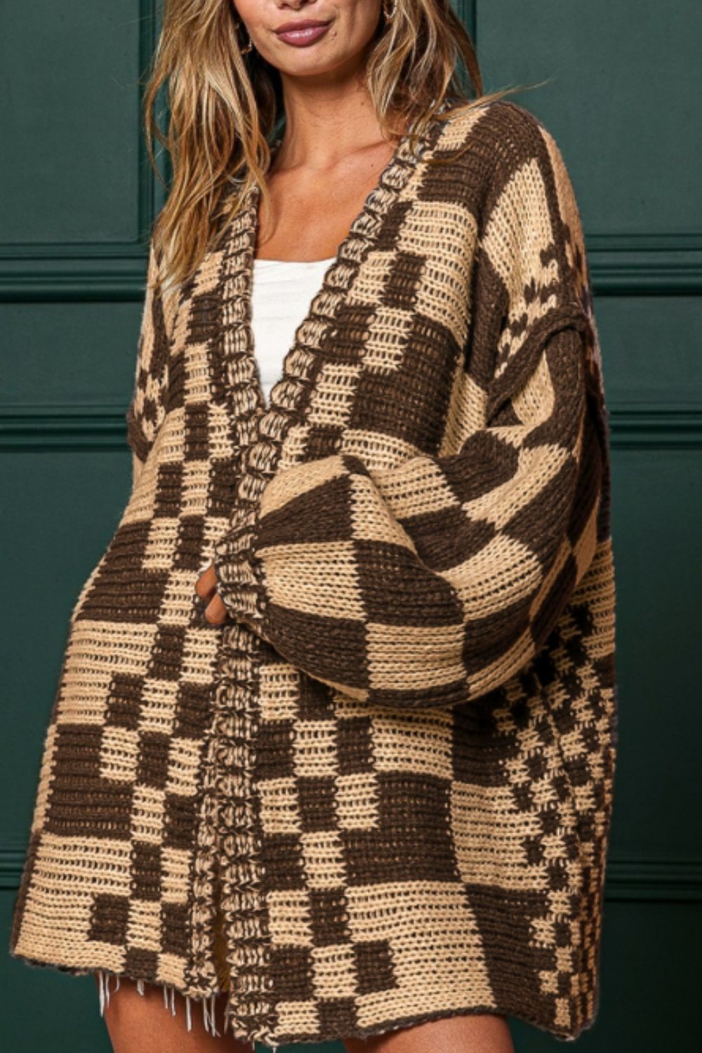 Checkered Open Front Long Sleeve Cardigan-Angel Casuals