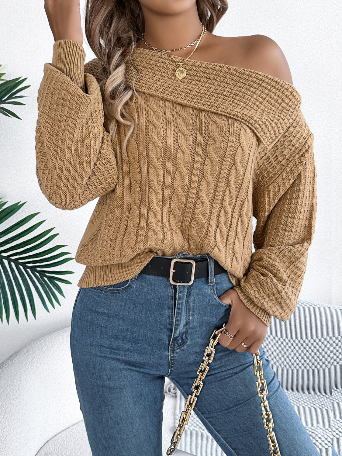 Cable-Knit One Shoulder Long Sleeve Sweater-Angel Casuals