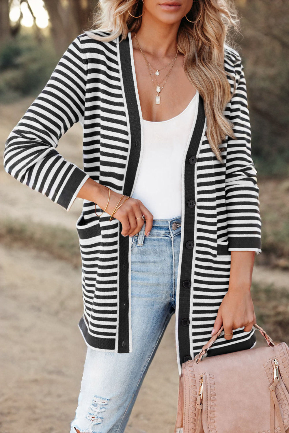 Striped Open Front Long Sleeve Cardigan-Angel Casuals