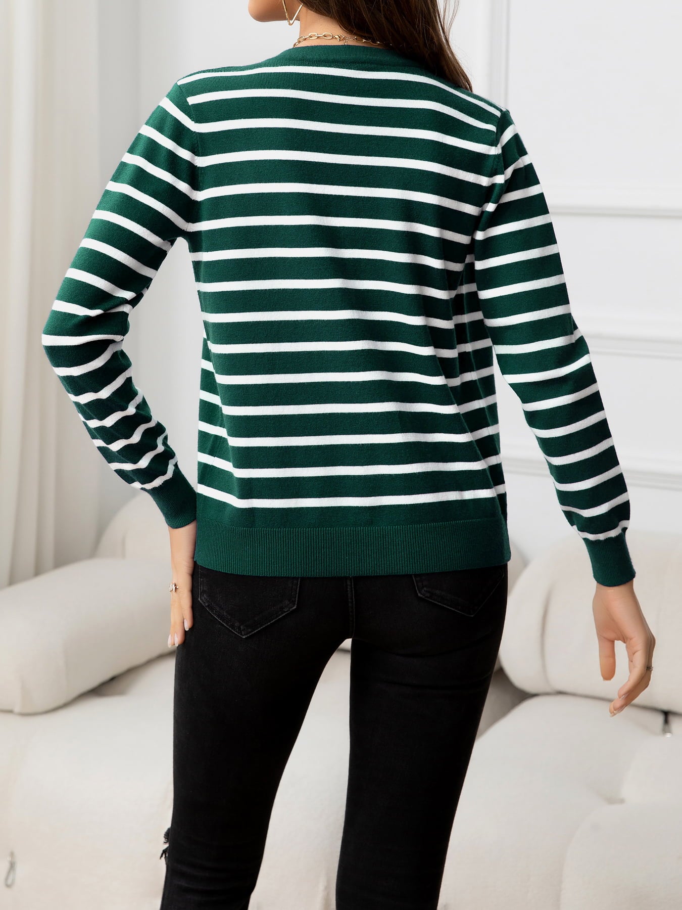 Striped Round Neck Long Sleeve Buttoned Knit Top-Angel Casuals