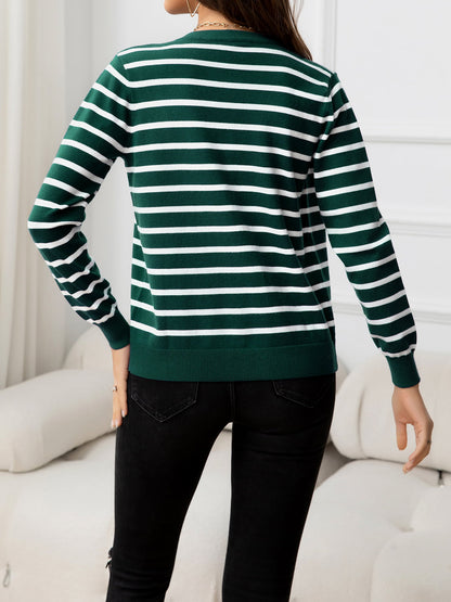 Striped Round Neck Long Sleeve Buttoned Knit Top-Angel Casuals