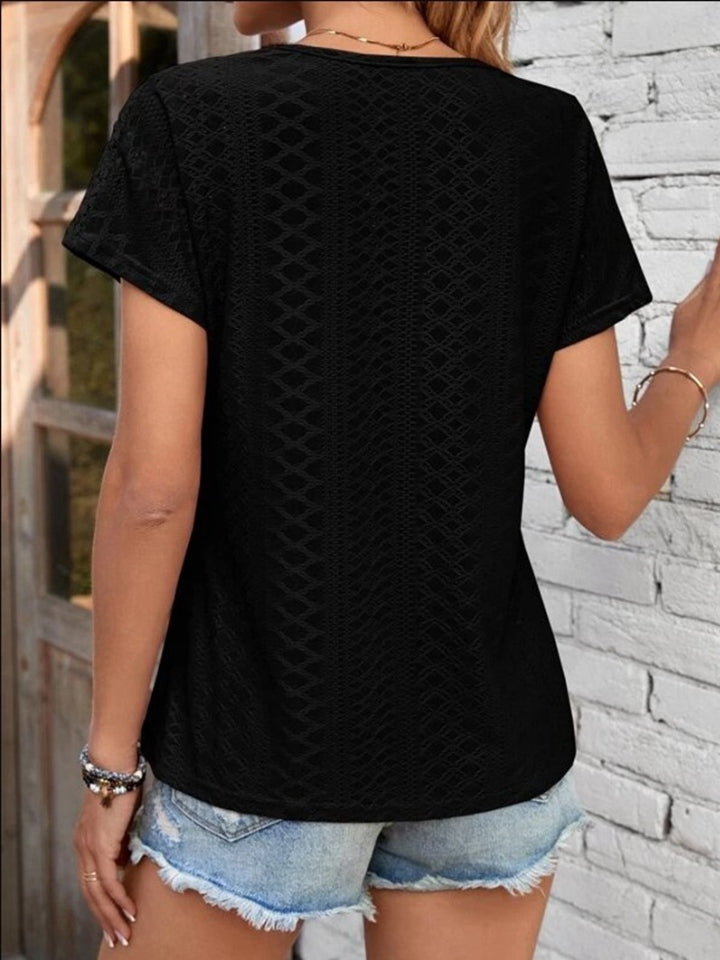 Eyelet V-Neck Short Sleeve T-Shirt-Angel Casuals