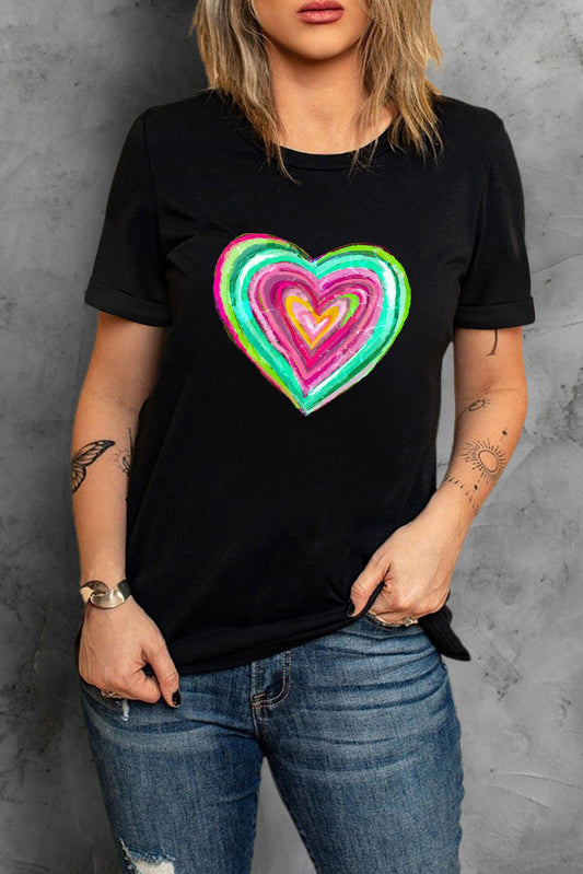 Heart Round Neck Short Sleeve T-Shirt-Angel Casuals