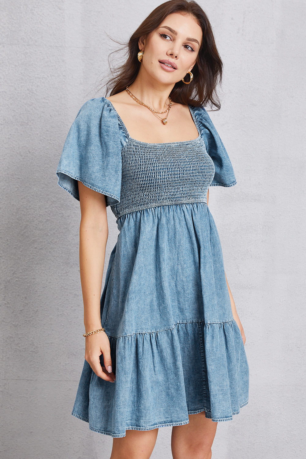 Smocked Square Neck Mini Denim Dress-Angel Casuals