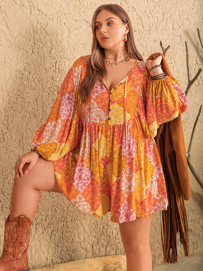 Plus Size Floral Tie Neck Balloon Sleeve Romper-Angel Casuals