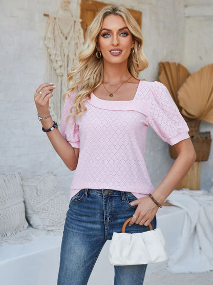 Eyelet Asymmetrical Neck Short Sleeve T-Shirt-Angel Casuals