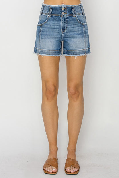 RISEN High Rise Seam Detailed Raw Edge Denim Shorts-Angel Casuals