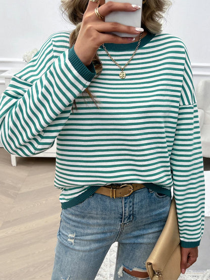 Devine Striped Round Neck Dropped Shoulder Sweater-Angel Casuals