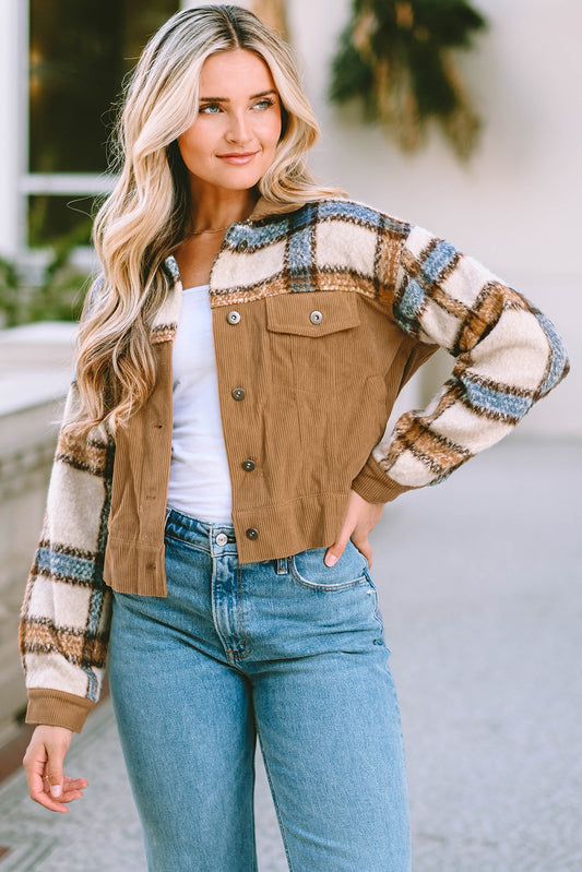 Plaid Collared Neck Button Down Jacket-Angel Casuals