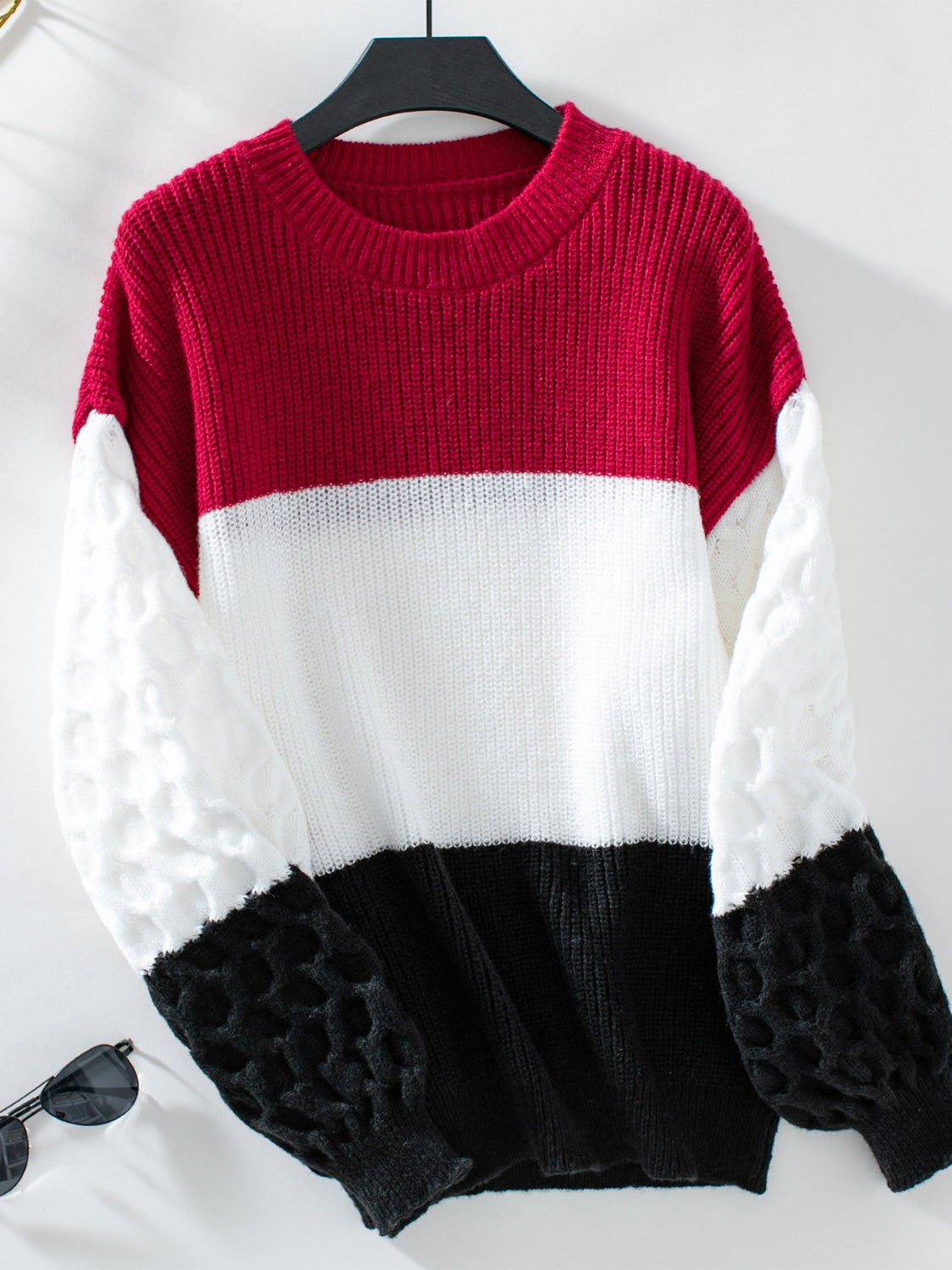 Color Block Round Neck Long Sleeve Sweater-Angel Casuals