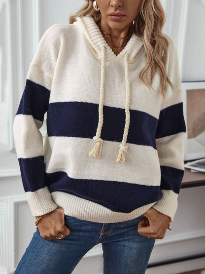 Drawstring Contrast Stripe Dropped Shoulder Hooded Sweater-Angel Casuals