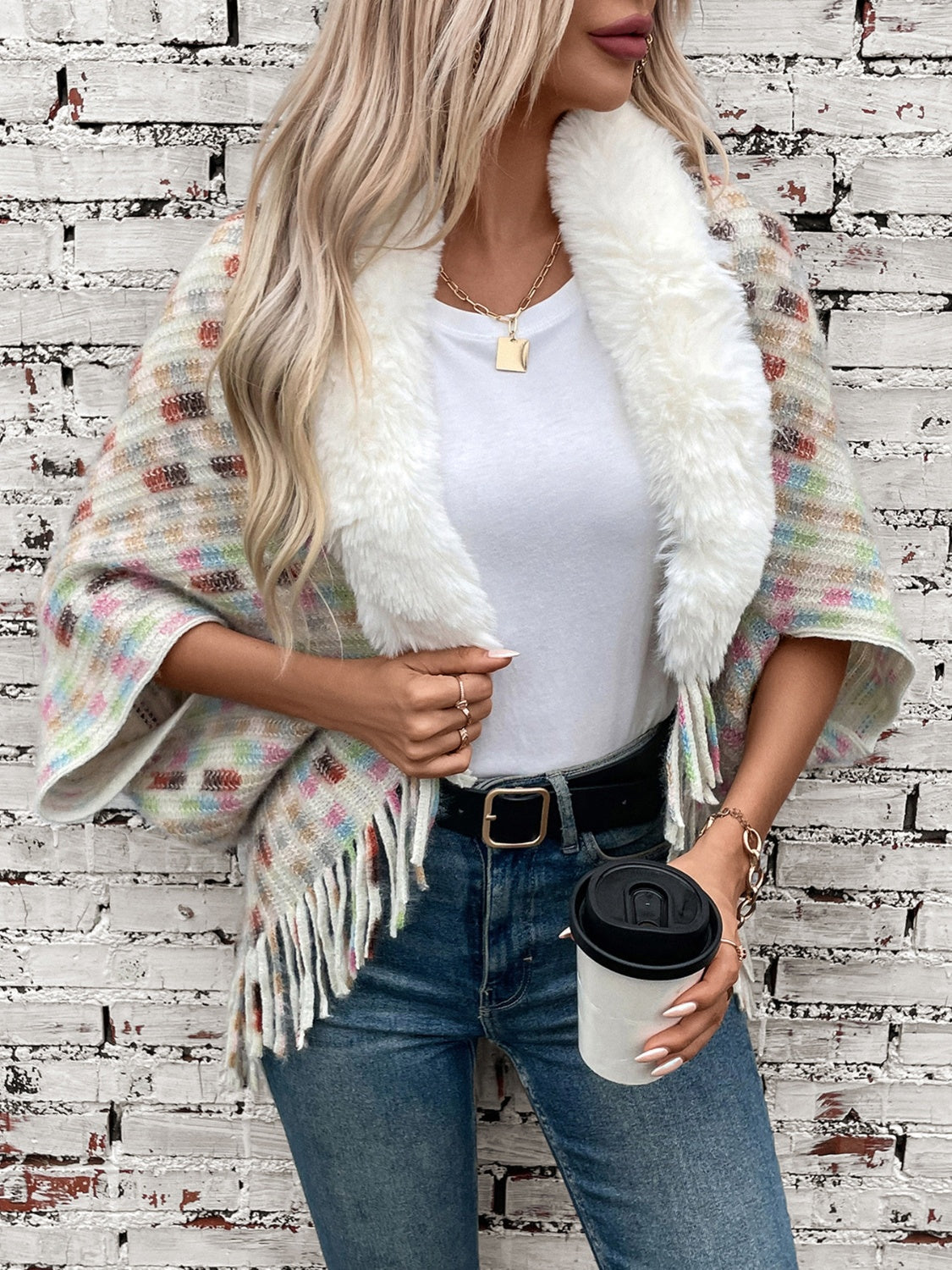 Fringe Fuzzy Open Front Poncho-Angel Casuals