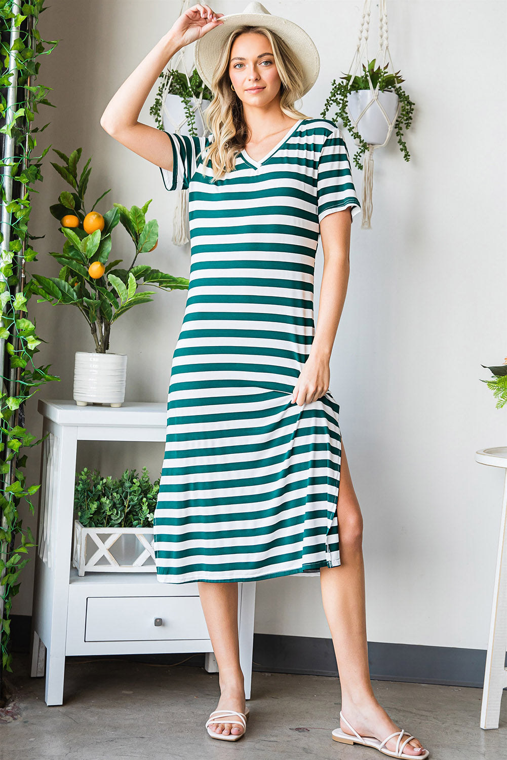 Striped V-Neck Short Sleeve Side Slit Dress-Angel Casuals