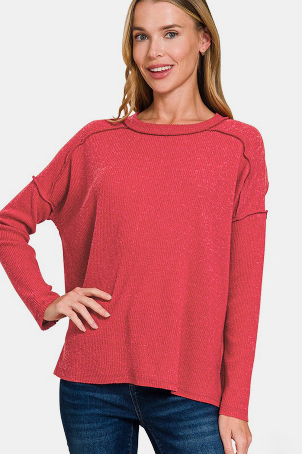 Zenana Full Size Exposed Seam Brushed Round Neck Sweater-Angel Casuals