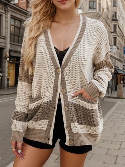 Contrast Button Up Long Sleeve Cardigan-Angel Casuals