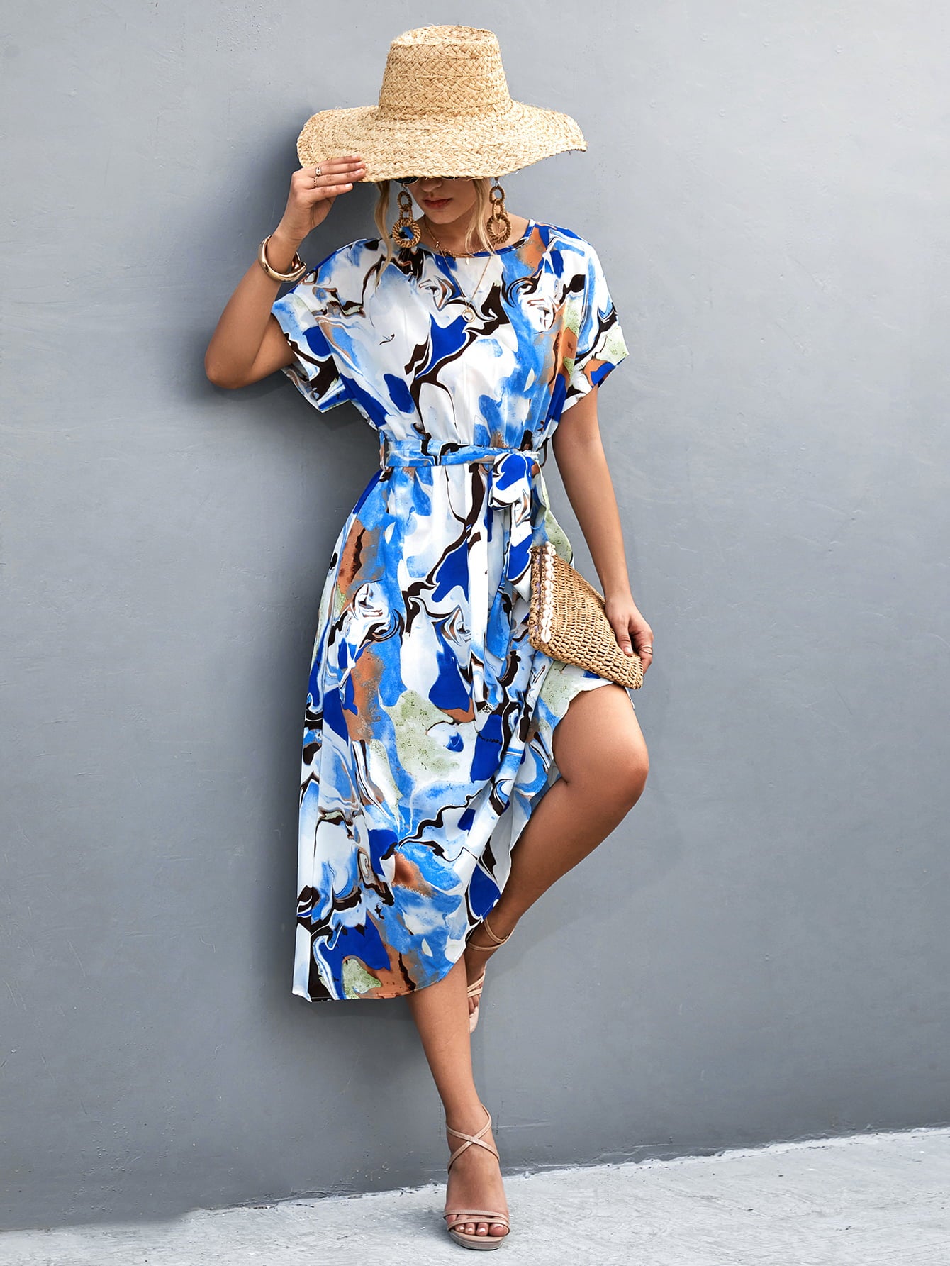 Round Neck Short Sleeve Tie Waist Midi Dress-Angel Casuals