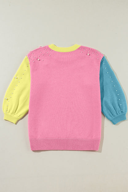 Pearl Detail Contrast Round Neck Sweater-Angel Casuals